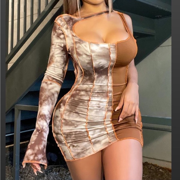 ❌SOLD❌Fashion Nova Brown Patchwork Thread Dress - Picture 4 of 6